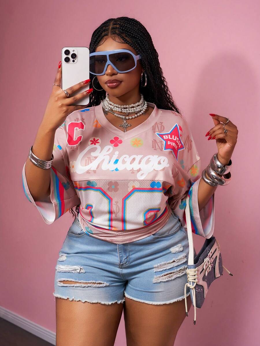 Slaydiva 2025 Spring & Summer Street Sports Casual Loose V-Neck Top with Numeric 28 Print – 5/8 Sleeve