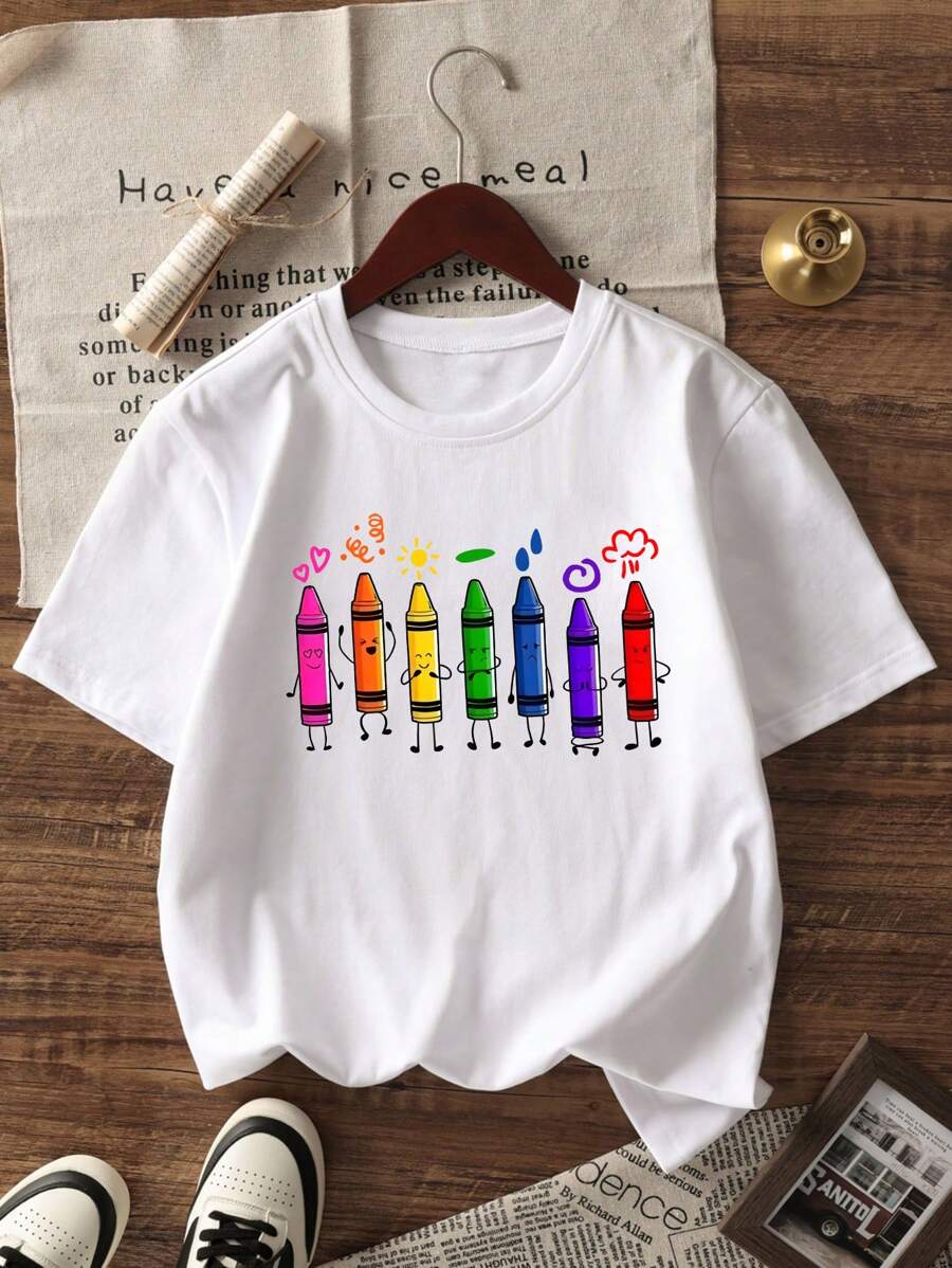 1pc Back To School Girls' Crayon Print T-Shirt
