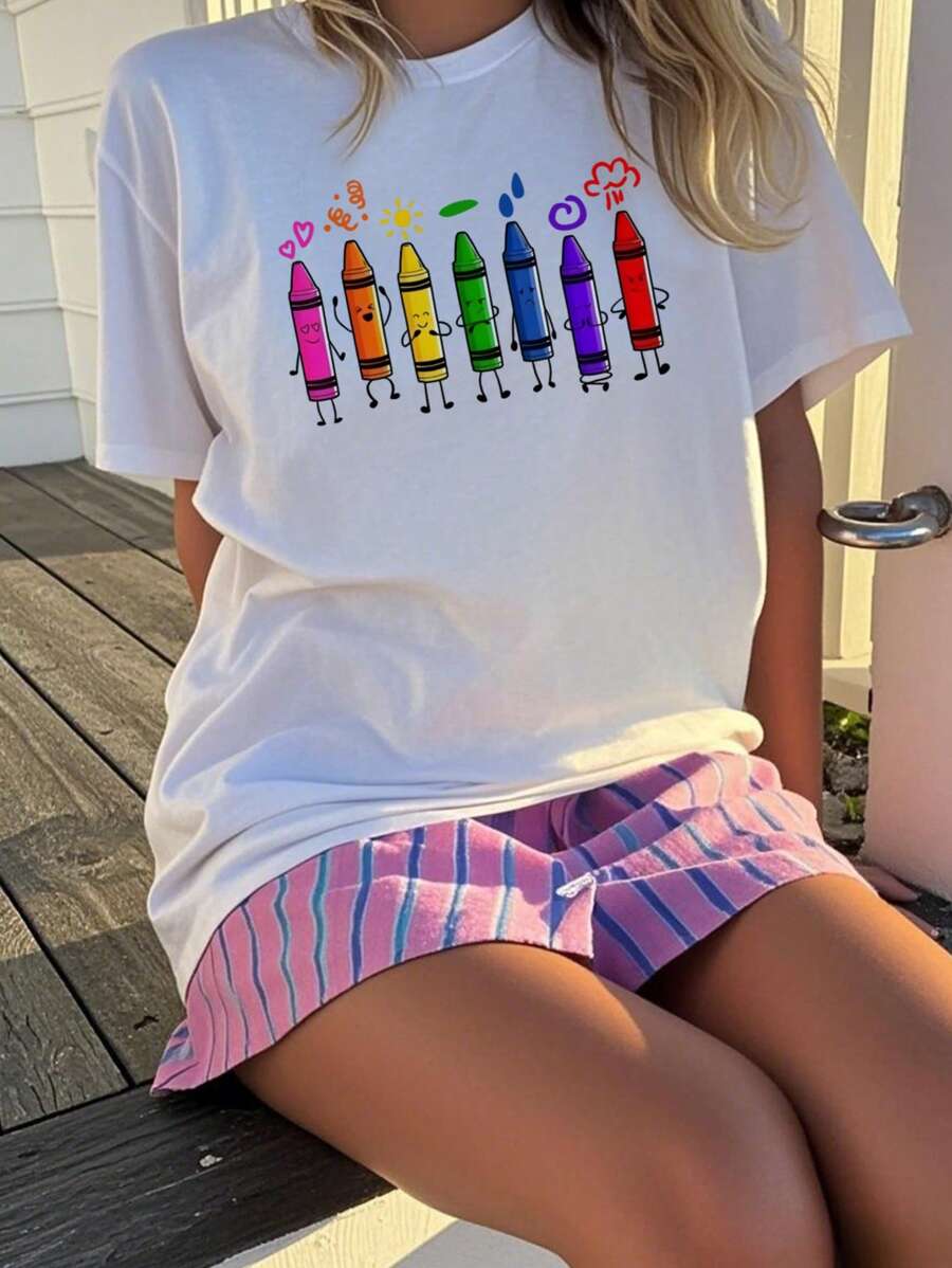 1pc Back To School Girls' Crayon Print T-Shirt