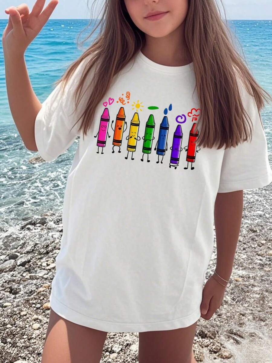 1pc Back To School Girls' Crayon Print T-Shirt