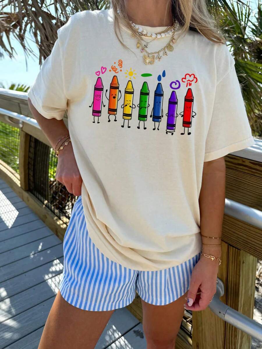 1pc Back To School Girls' Crayon Print T-Shirt