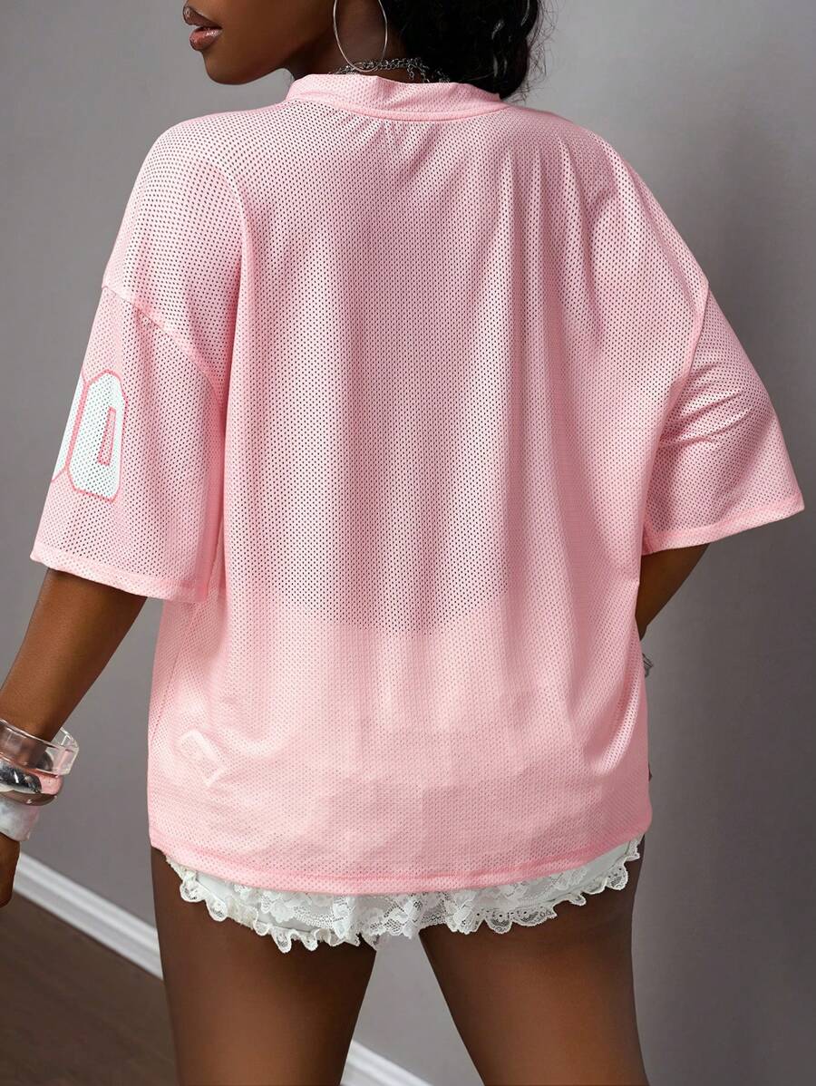 Slaydiva 2025 Summer New Street Casual Pink Mesh Fabric Alphanumeric Printing Loose V Neck Short Sleeve Women T Shirt Suitable For Music Festival Daily Travel Vacation Boho Travel Seaside Beach Graduation Back To School Holiday Party Sports