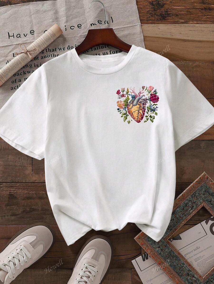 Heart And Floral Print T Shirt Short Sleeve Crew Neck Casual Top For Summer And Spring Womens Clothing