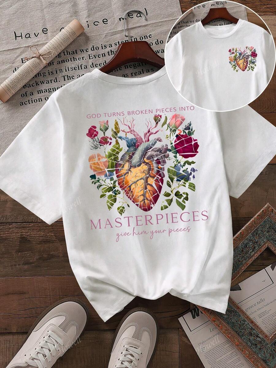 Heart And Floral Print T Shirt Short Sleeve Crew Neck Casual Top For Summer And Spring Womens Clothing