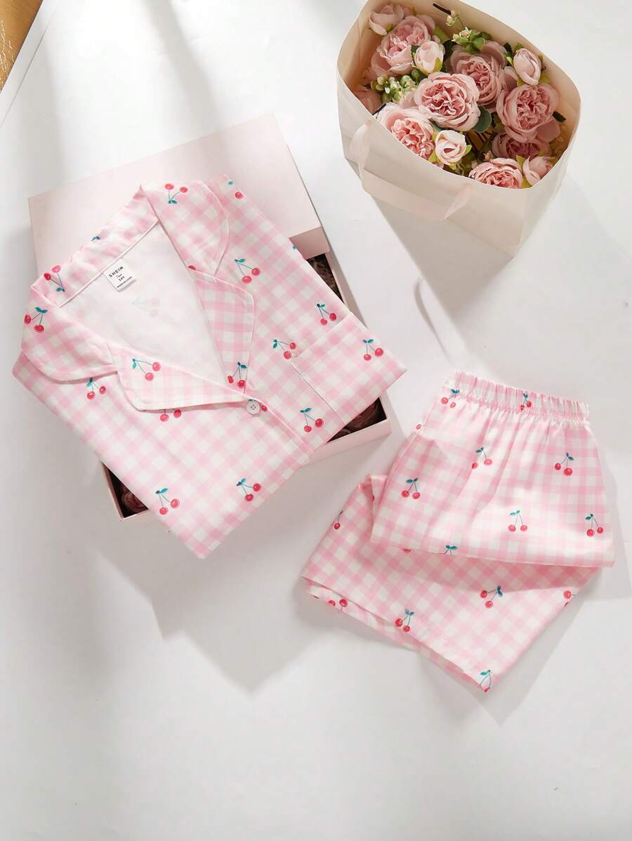 Teen Girl Plaid Cherry Print Lapel Short Sleeve Top & Shorts Set