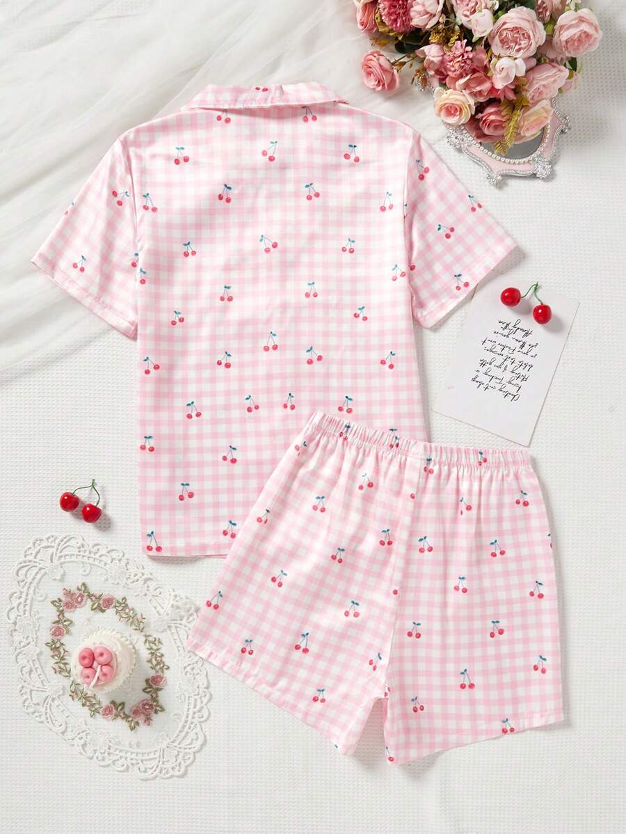 Teen Girl Plaid Cherry Print Lapel Short Sleeve Top & Shorts Set