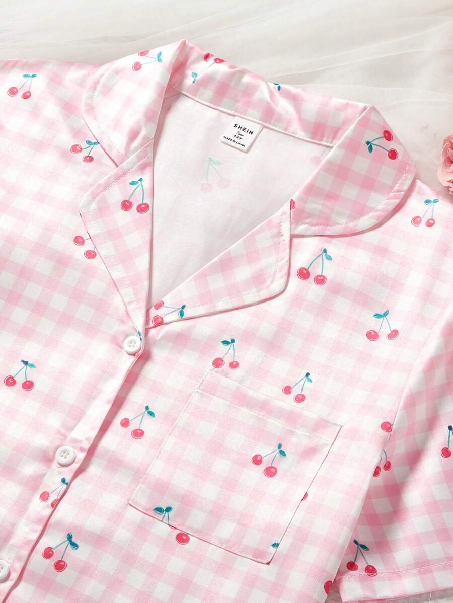 Teen Girl Plaid Cherry Print Lapel Short Sleeve Top & Shorts Set