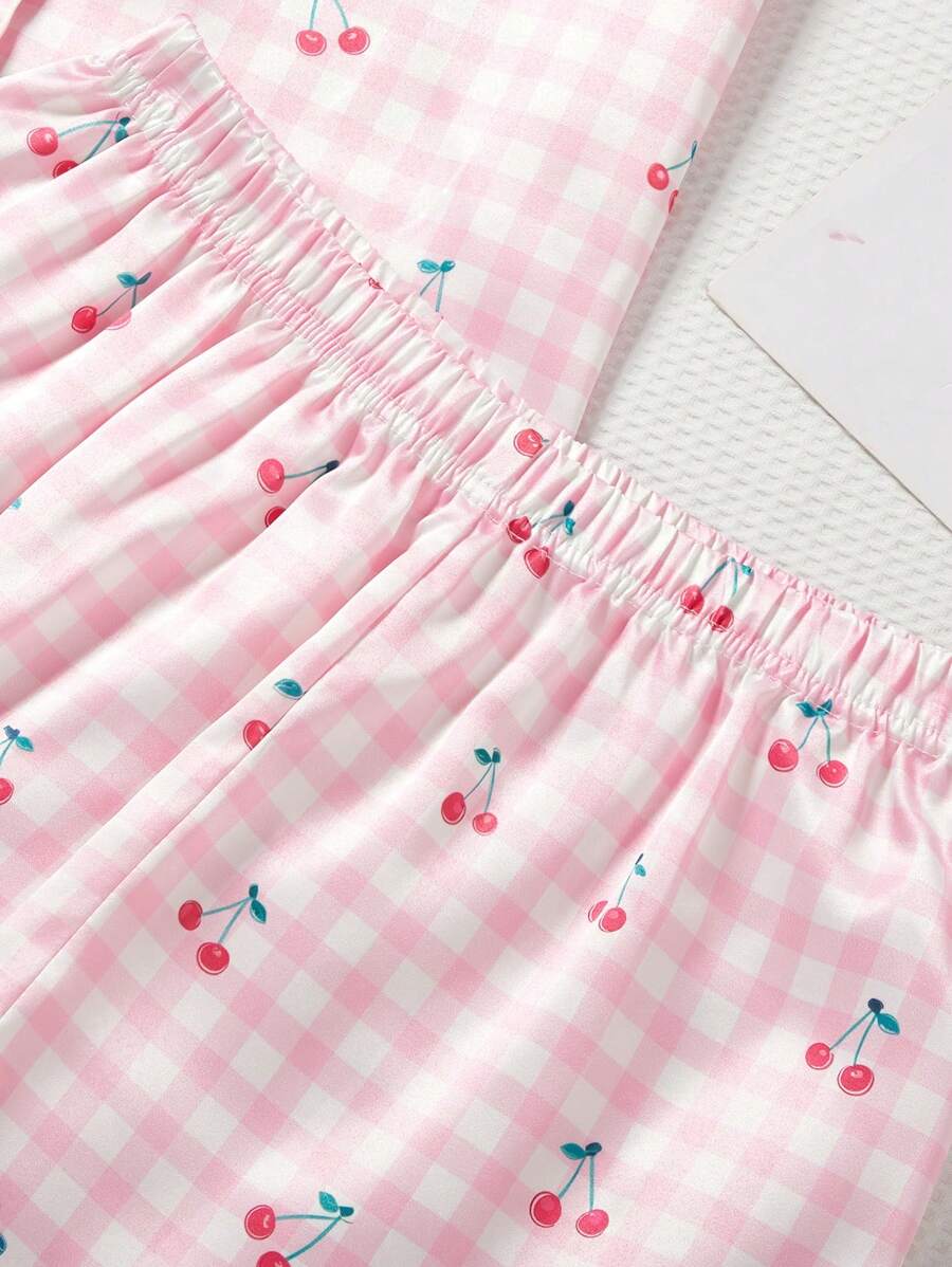 Teen Girl Plaid Cherry Print Lapel Short Sleeve Top & Shorts Set