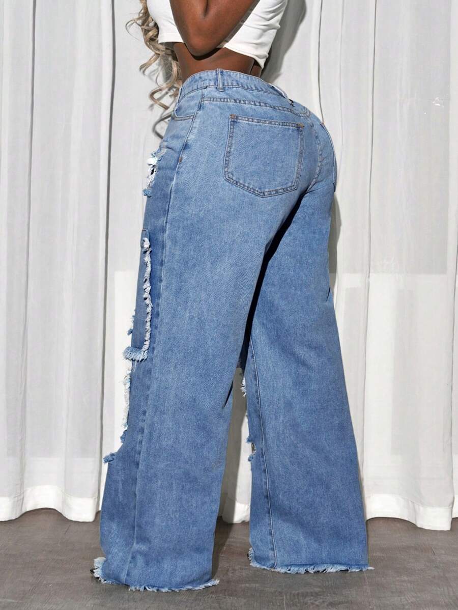 Slaydiva Plus Size Women’s Pocketed Distressed Wide Leg Loose Casual Jeans