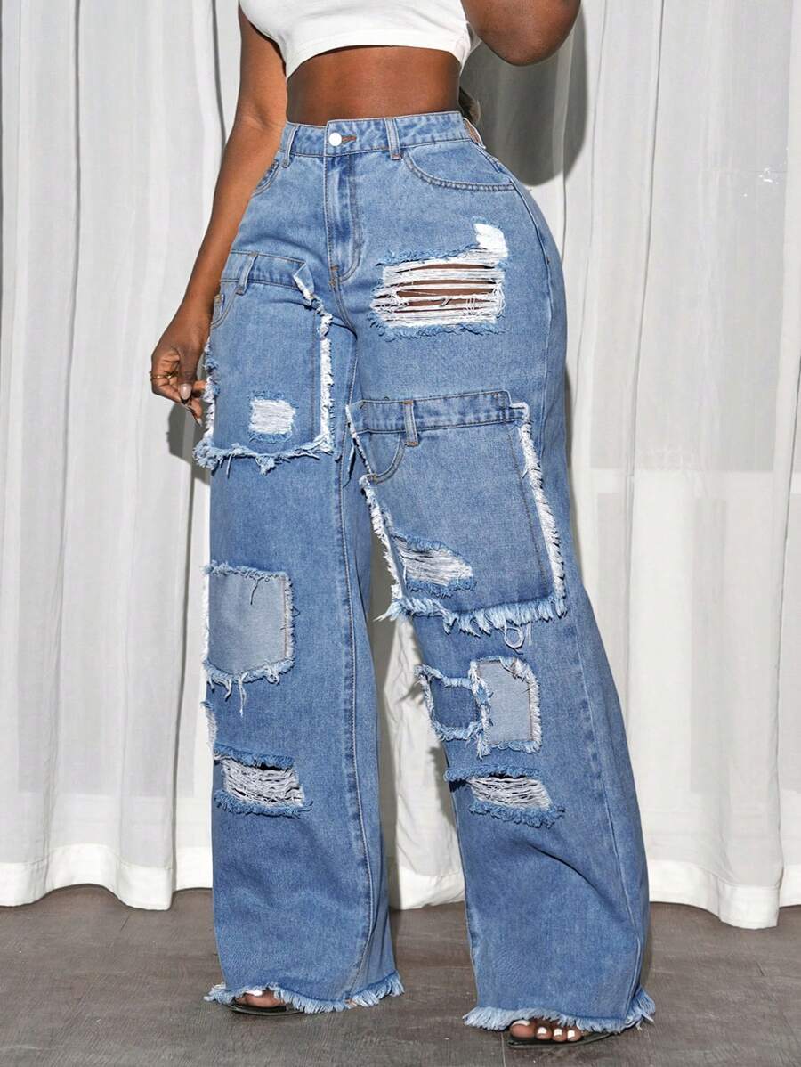 Slaydiva Plus Size Women’s Pocketed Distressed Wide Leg Loose Casual Jeans