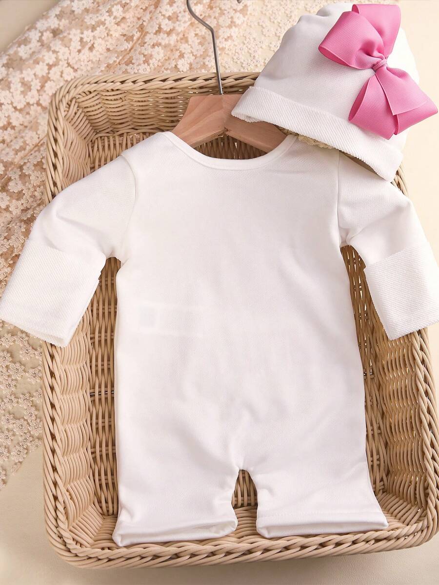 2pcs Baby Girl Jumpsuit & Bow Hat Set – 0–3M