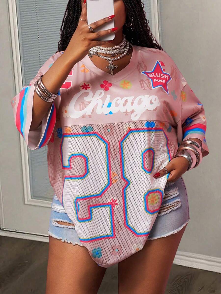 Slaydiva 2025 Spring & Summer Street Sports Casual Loose V-Neck Top with Numeric 28 Print – 5/8 Sleeve