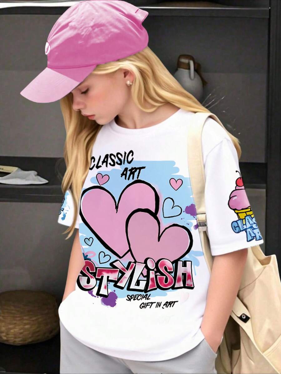Tween Girls Classic Art & Heart Graffiti Print T-Shirt