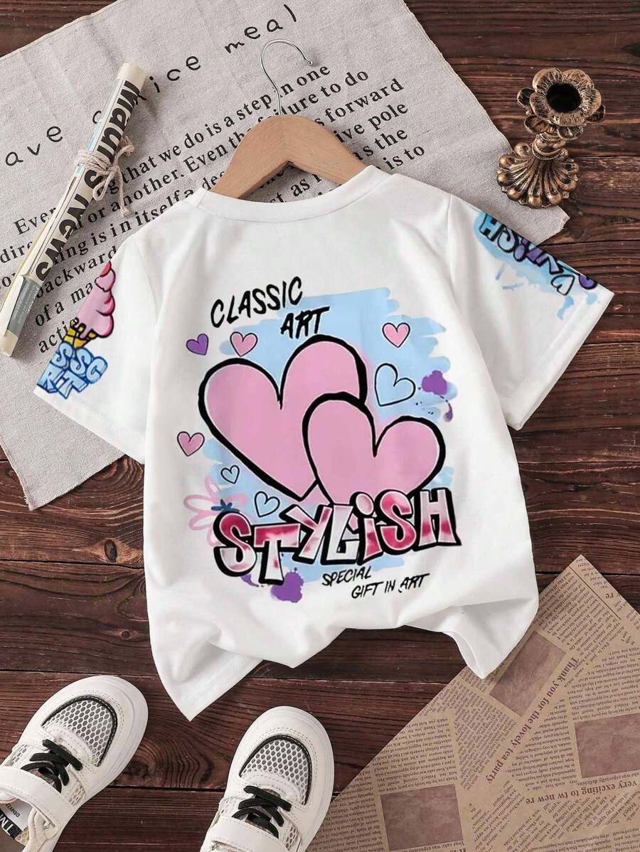 Tween Girls Classic Art & Heart Graffiti Print T-Shirt