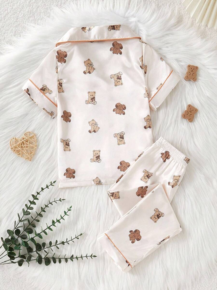 Kids Bear Print Satin Pajama Set