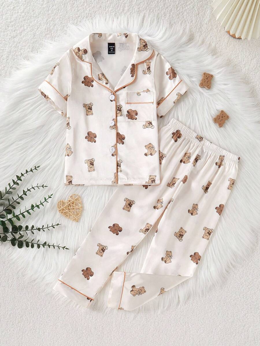 Kids Bear Print Satin Pajama Set