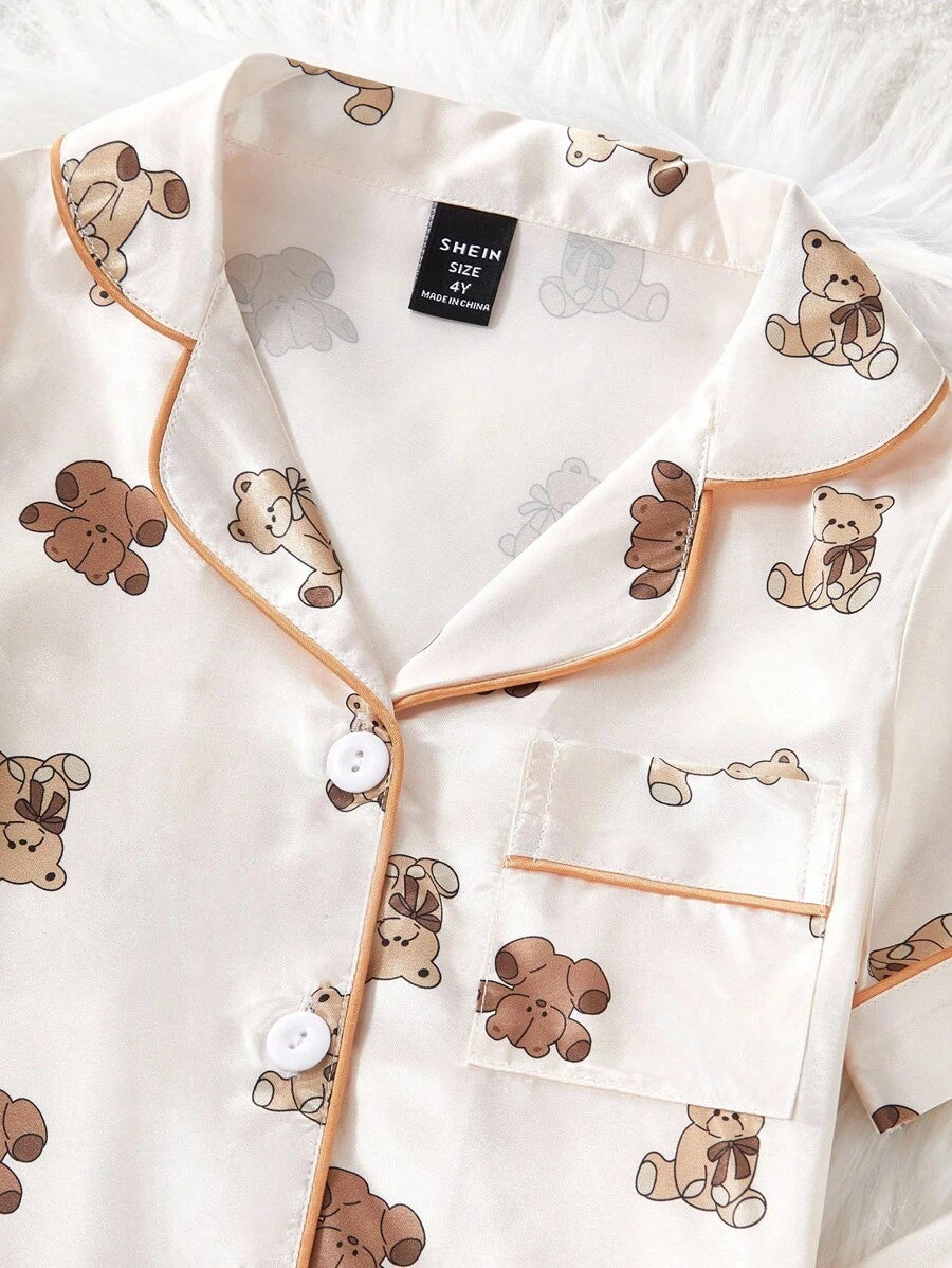 Kids Bear Print Satin Pajama Set