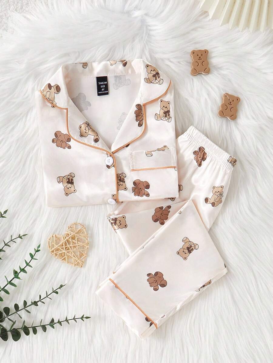 Kids Bear Print Satin Pajama Set