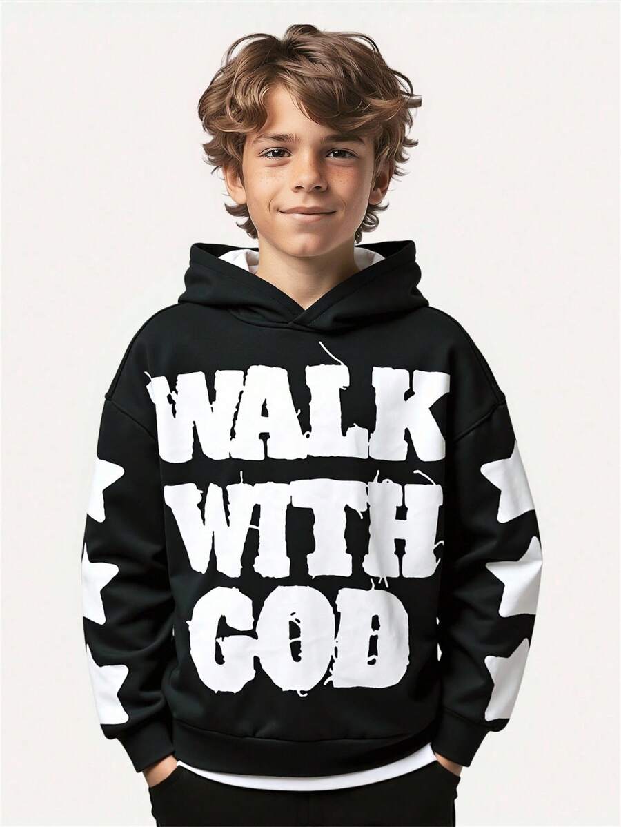 SHEIN 1pc Teen Boy's Black Hooded Sweatshirt