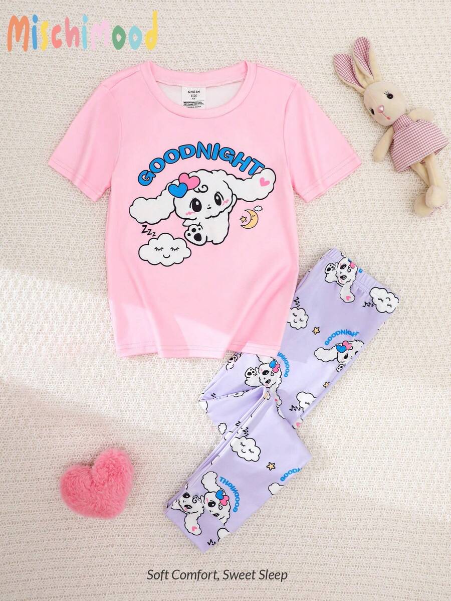 Girls Bunny Print Pajama Set – Short Sleeve & Leggings