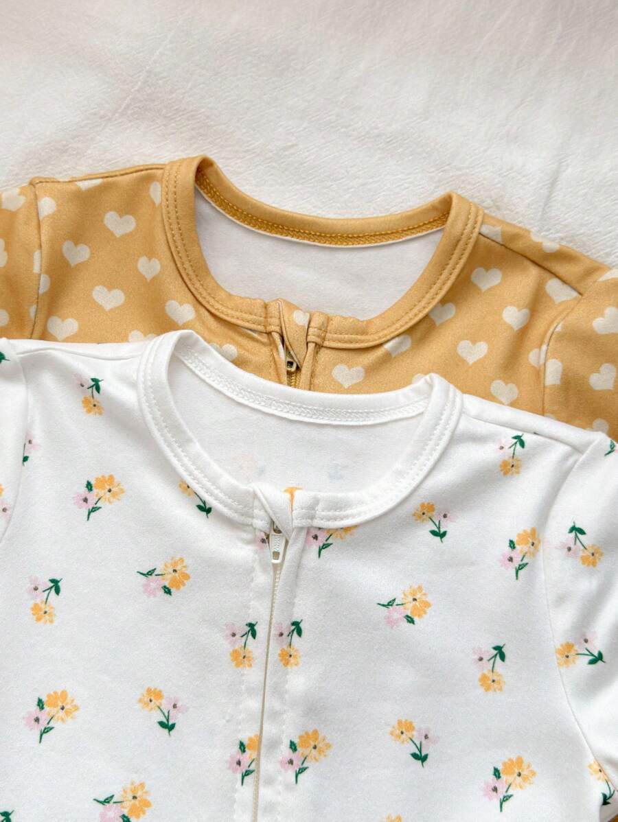 2pcs Baby Girl Knit Floral Polka Dot Romper Set