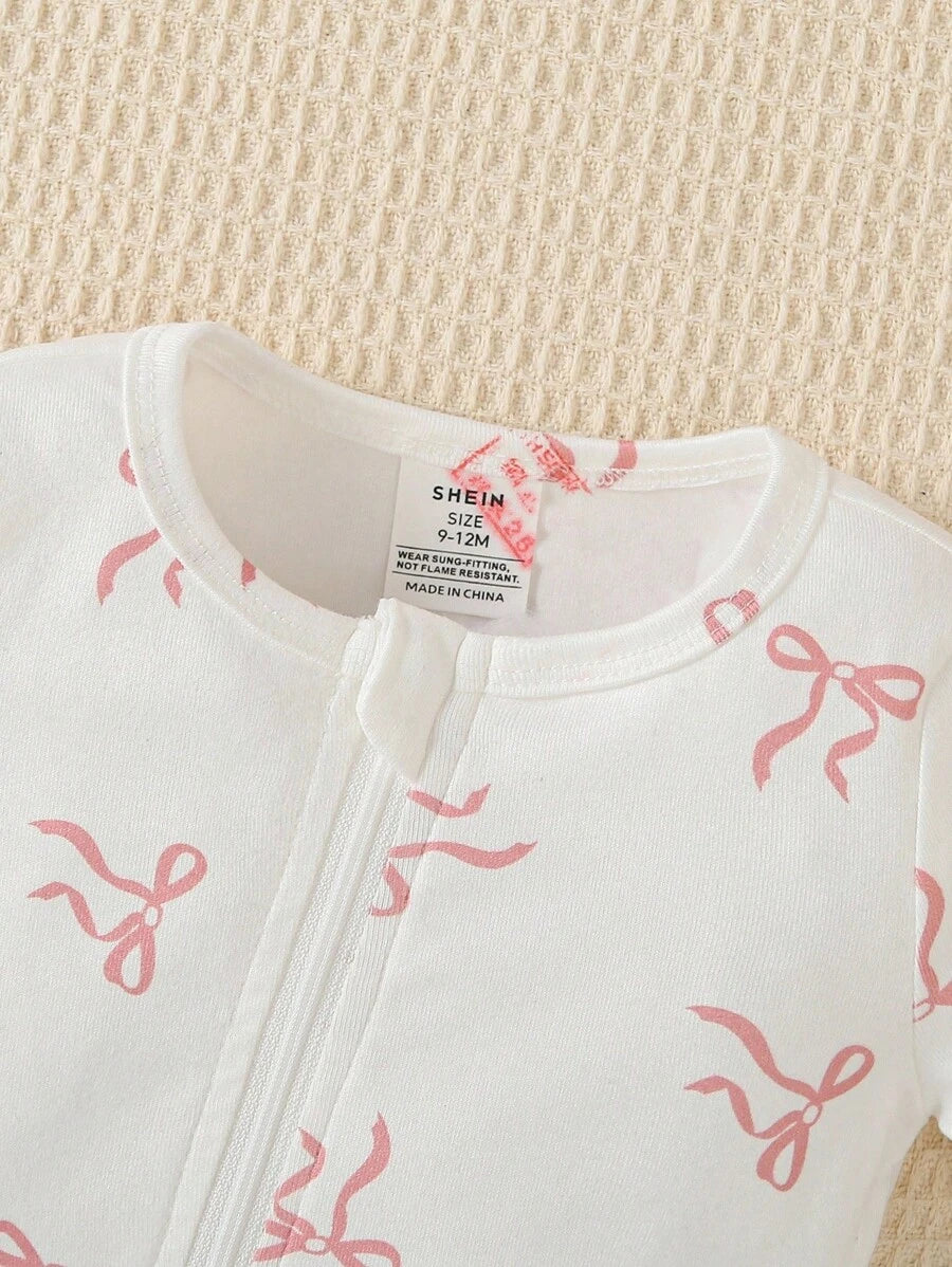 2pcs Baby Girl Romper Set – Pink Polka Dot & Bow Print