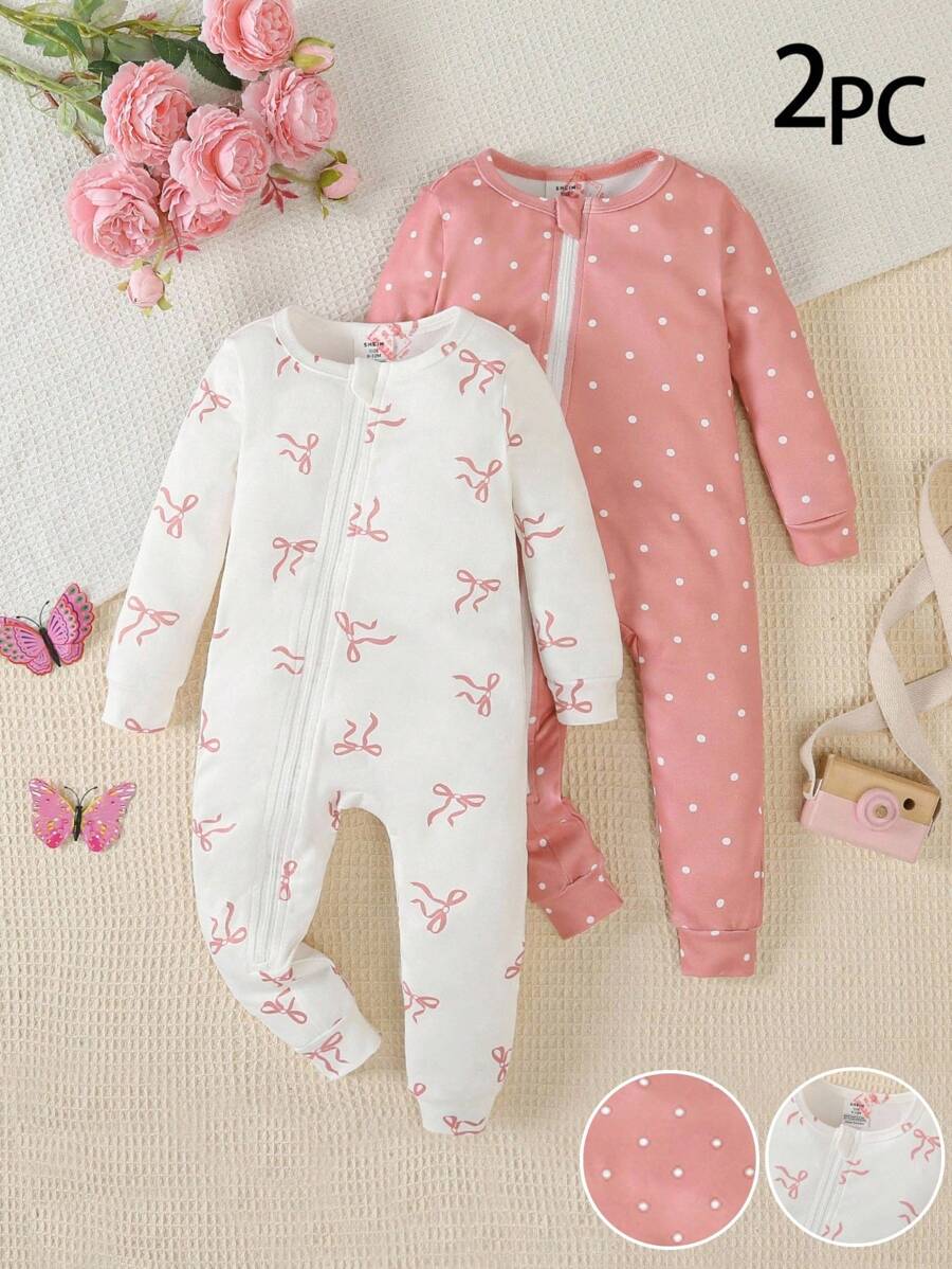 2pcs Baby Girl Romper Set – Pink Polka Dot & Bow Print