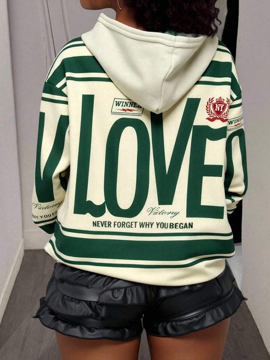 Slaydiva Casual Street Style Green Love Print Plus Size Women Hoodie Sweatshirt Suitable For Autumn Winter