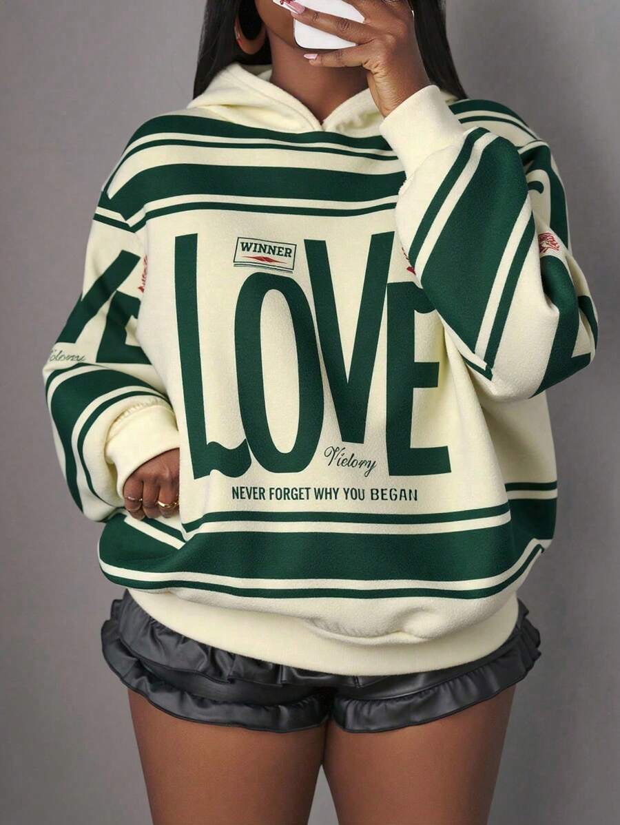 Slaydiva Casual Street Style Green Love Print Plus Size Women Hoodie Sweatshirt Suitable For Autumn Winter