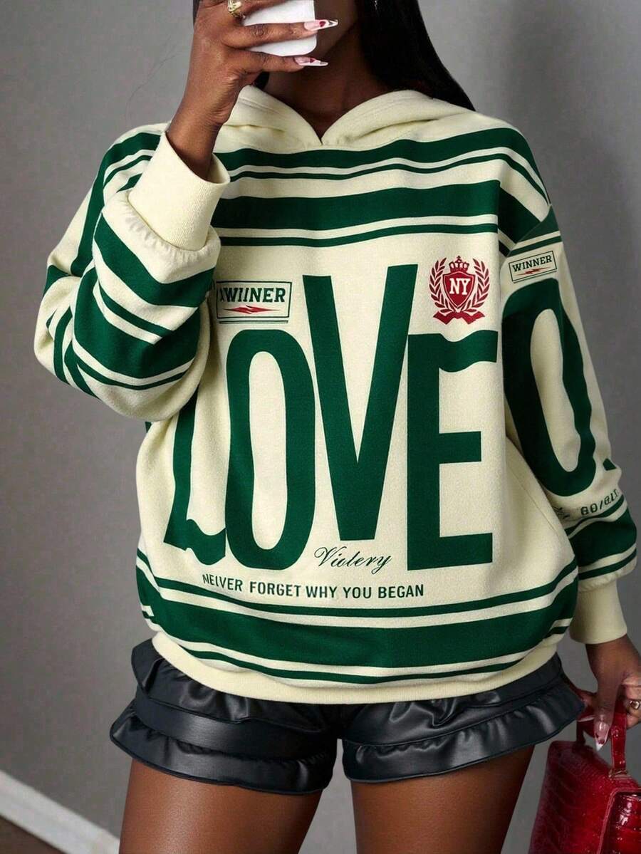 Slaydiva Casual Street Style Green Love Print Plus Size Women Hoodie Sweatshirt Suitable For Autumn Winter