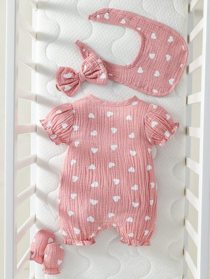 4pcs Baby Girl Heart Romper Bib Gloves & Headband