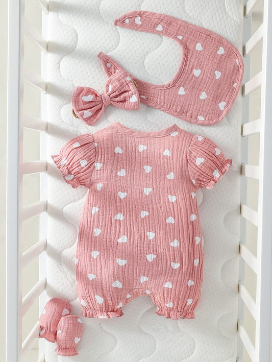 4pcs Baby Girl Heart Romper Bib Gloves & Headband