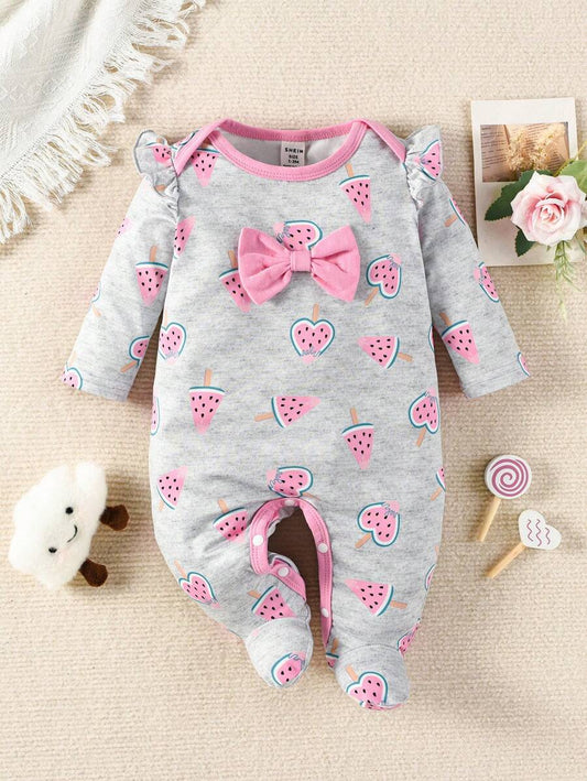 Baby Girl Ruffle Footed Jumpsuit – Bow & Cartoon Print
