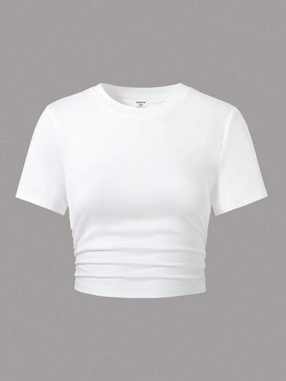 SHEIN Teen Girls’ Solid Color Wrinkle Design Cropped Fitted T-Shirt