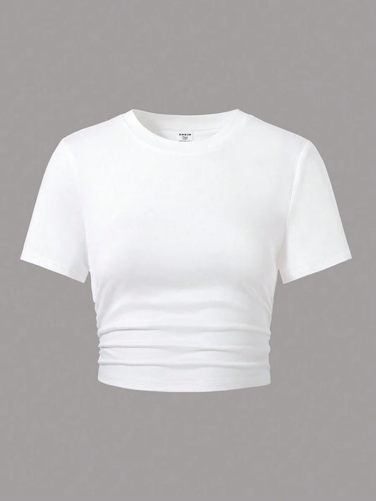 SHEIN Teen Girls’ Solid Color Wrinkle Design Cropped Fitted T-Shirt