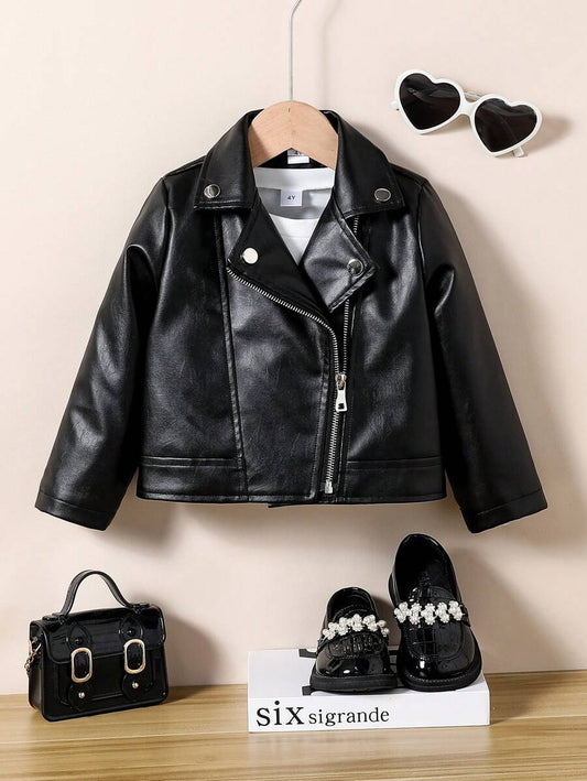 Girls' PU Leather Moto Jacket – Zipper Collar, Autumn