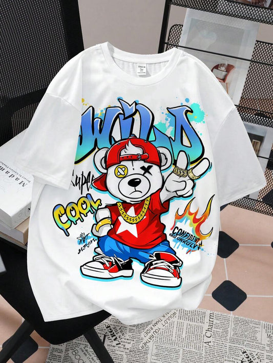 SHEIN Teen Boy Casual Bear Letter Printed T-Shirt