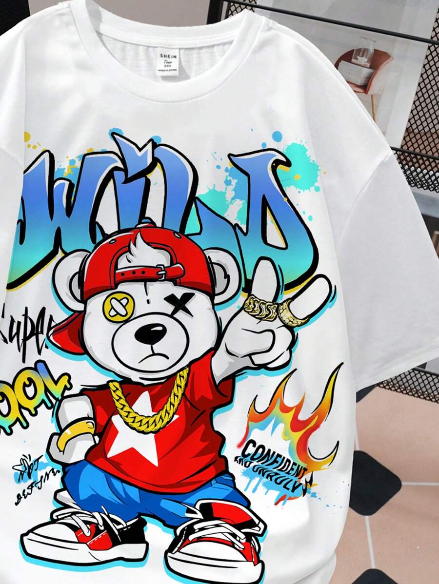 SHEIN Teen Boy Casual Bear Letter Printed T-Shirt