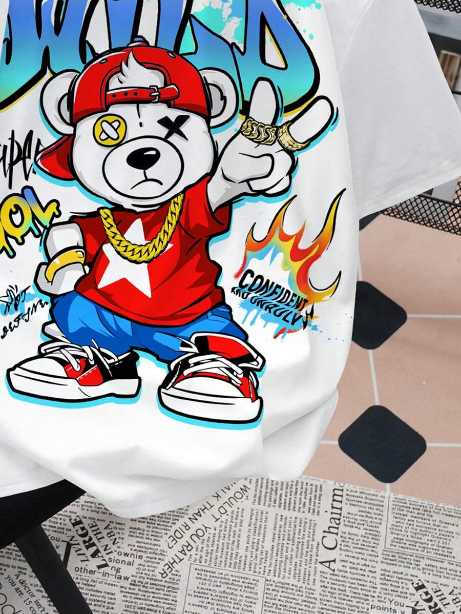 SHEIN Teen Boy Casual Bear Letter Printed T-Shirt