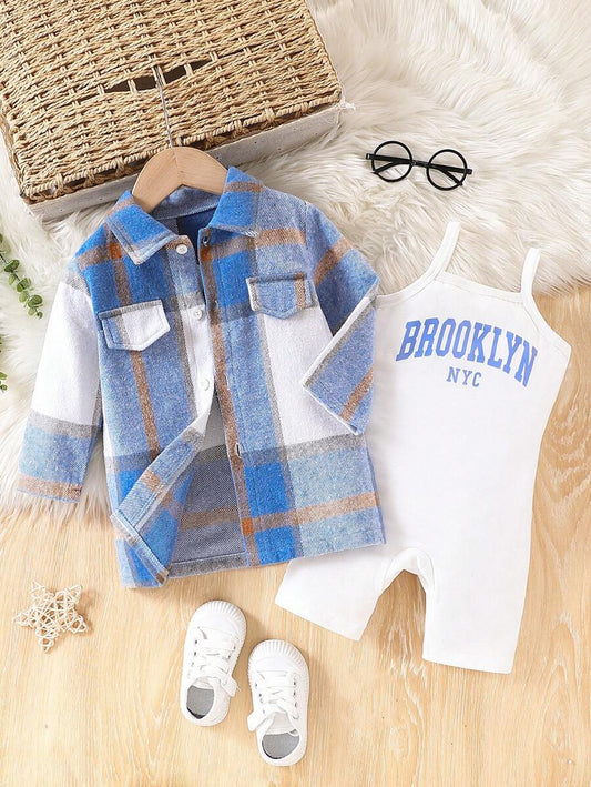 Baby Girl Plaid Jacket & Shorts Jumpsuit Set