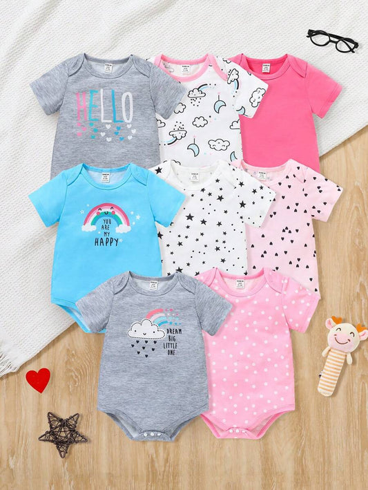 8pcs Baby Girl Cloud & Star Print Romper Set