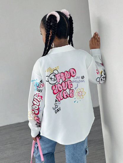 Tween Girls Oversized Graffiti Bear Print Shirt