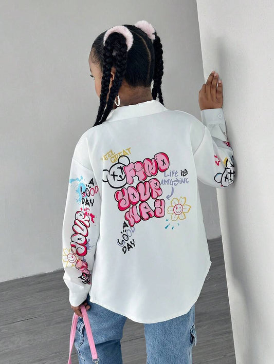 Tween Girls Oversized Graffiti Bear Print Shirt