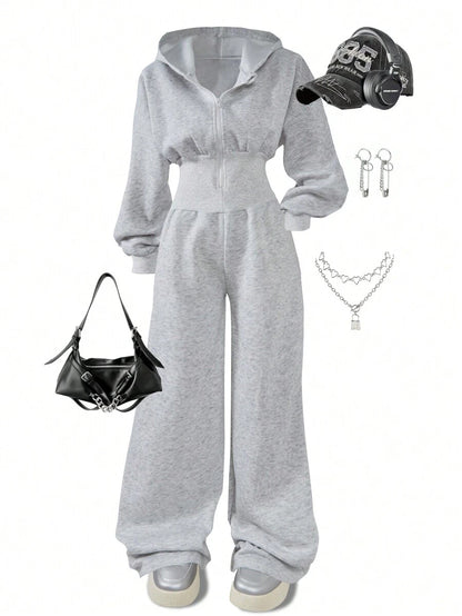 SHEIN Tween Girls Hooded Zip-Up Thermal Pants Jumpsuit