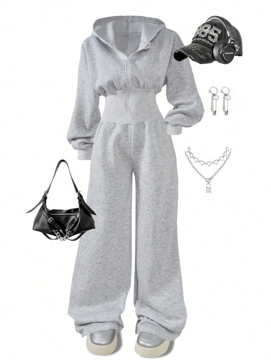 SHEIN Tween Girls Hooded Zip-Up Thermal Pants Jumpsuit