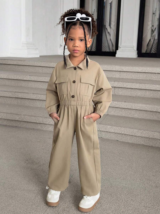 Girls Solid Color Waist-Cinched Casual Jumpsuit