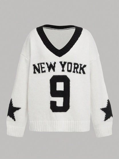 SHEIN Teen Girl Colorblock V-Neck Pullover Sweater