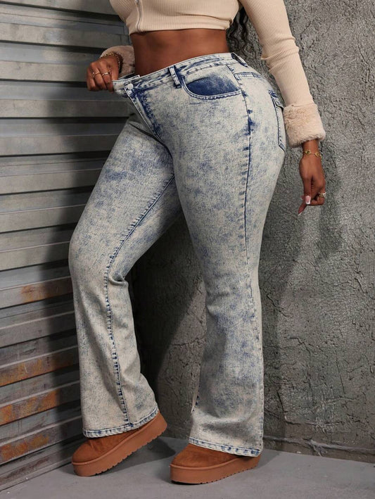 Dripcurv Plus Size Sexy Low Waist Skinny Flare Jeans – Blue Denim for Women’s Fall Fashion