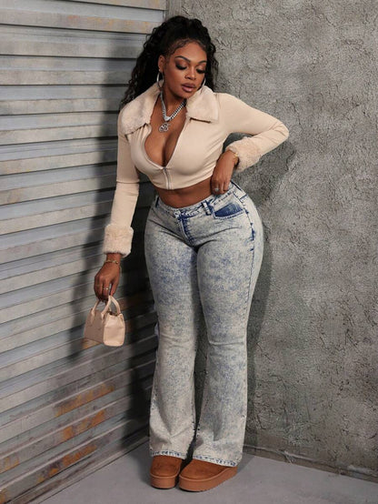 Dripcurv Plus Size Sexy Low Waist Skinny Flare Jeans – Blue Denim for Women’s Fall Fashion