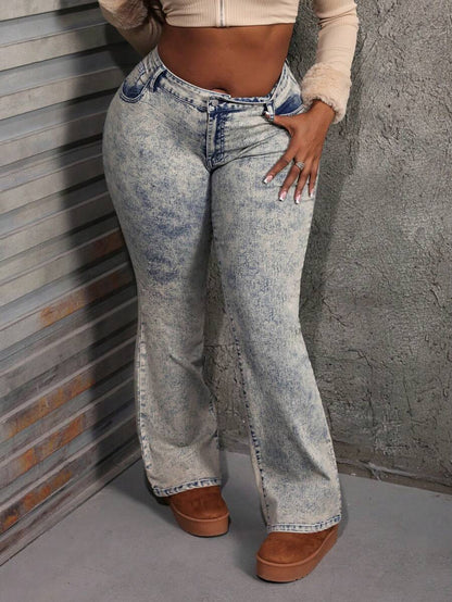 Dripcurv Plus Size Sexy Low Waist Skinny Flare Jeans – Blue Denim for Women’s Fall Fashion
